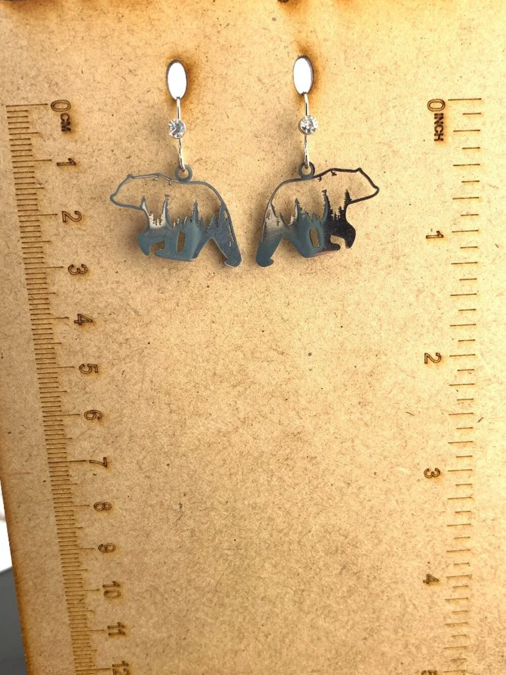 Bear Pine Trees Stainless Steel Handmade Handcrafted Earrings LR178